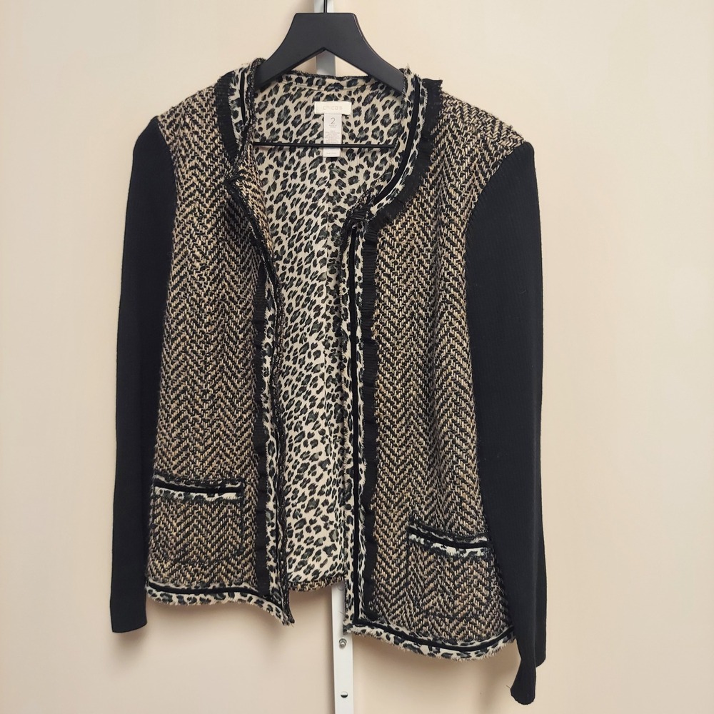 Chico's Chevron Tweed Leopard Print Mixed‎ Media Knit Sleeve Jacket